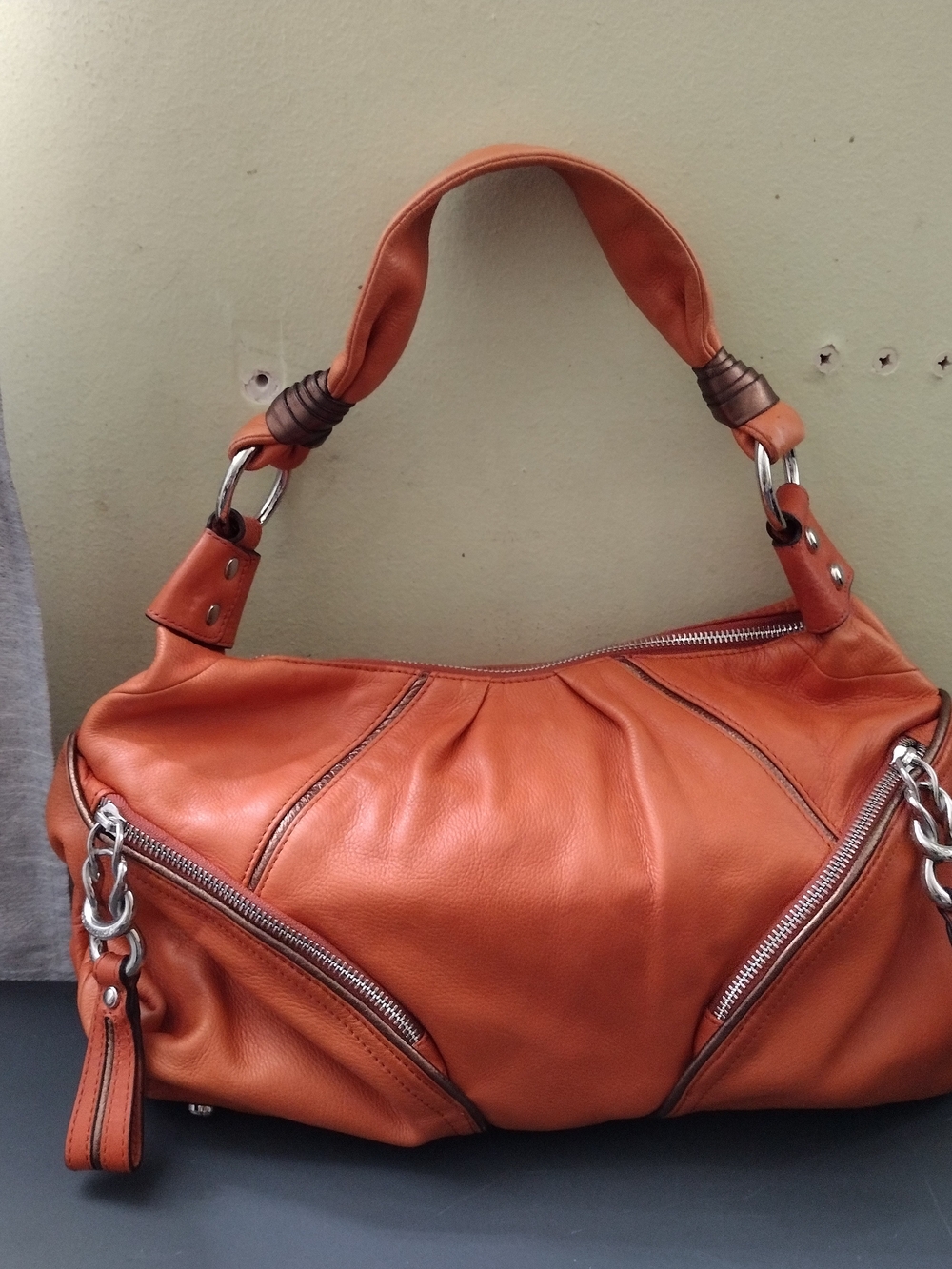 b. makowsky Designer Leather Shoulder Bag, Orange,  Silver Accents